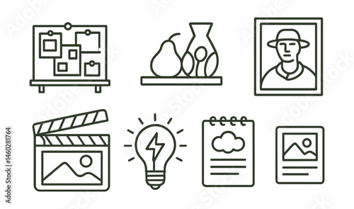 Line style icons of inspiration and reference for painting: mood photo board, real object setup icon, nature color palette, old master study icon, film still reference, imagination spark symbol,