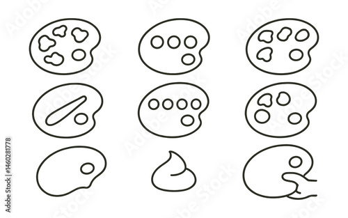 Line style icons of painter’s palette setup: mixed color blobs, primary colors row, neutral grays mix, limited palette layout, highlight/shadow set, palette edge wipe, fresh paint mound, thumb hole