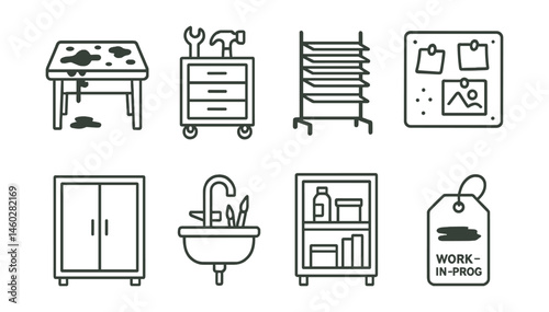 Line style icons of residency tools and materials: paint-covered table, tool storage cart, drying rack shelf, inspiration board, supply cabinet icon, sink with brushes, shared material shelf, work-in