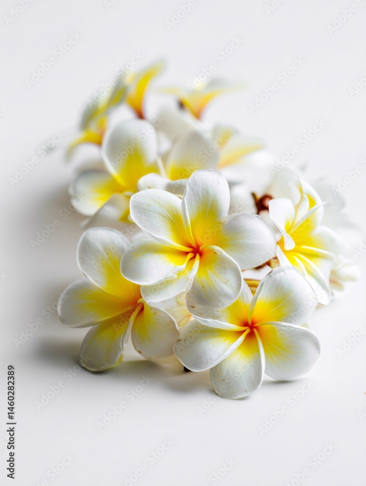 Naklejka premium Small Plumeria Blossoms Elegantly Arranged on Pure White Background