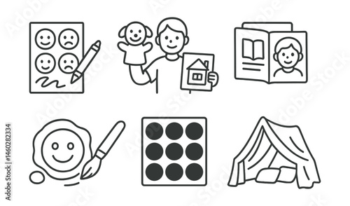 Line style icons of child-friendly art therapy: feeling faces coloring page, puppet and drawing combo, story + image card, gentle brush with pastel, clay smiley figure, emotion emoji chart, safe