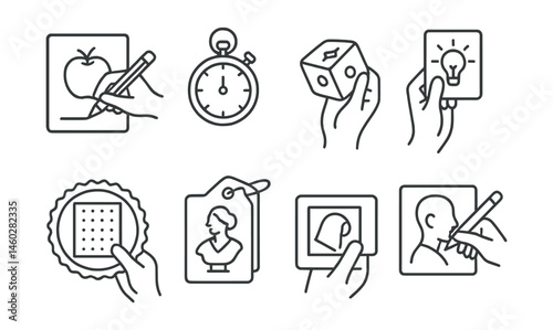 Line style icons of hands-on creative exercises: draw from object icon, timed challenge clock, art dice roll, guided prompt card, fill the page badge, replicate a masterwork tag, blind contour sheet,