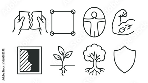 Line style icons of creative trauma healing: tearing + reconstructing sheet, safety lines border icon, “my boundary” drawing, reclaiming strength sketch, darkness to light frame, growth through