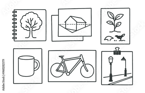 Line style icons of field sketch reference: tree shape sketchbook, roofline perspective sheet, animal silhouette card, plant growth study, daily object contour, light and shadow map, bike frame