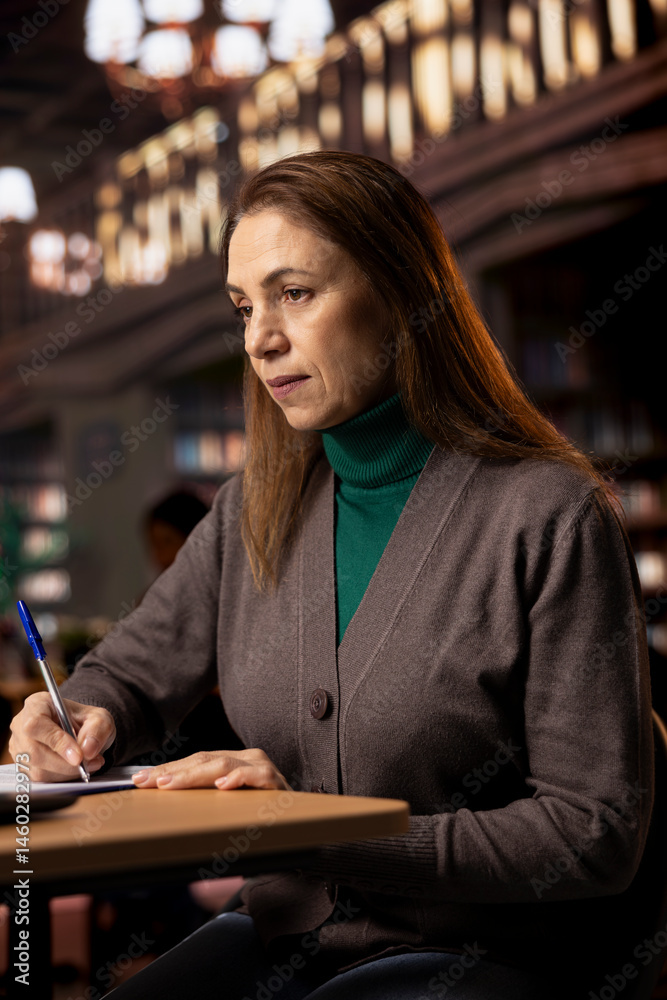 Adult woman studies alone in a library and transcribing a lecture, concentrating on paperwork and showing her commitment to researching. Pupil preparing for her college thesis.