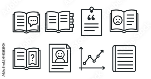 Line style icons of book annotation and reflection: margin note icon, sticky tabs in book, quote card board, mood sketch from book, discussion cue bookmark, visual response sheet, reader reaction