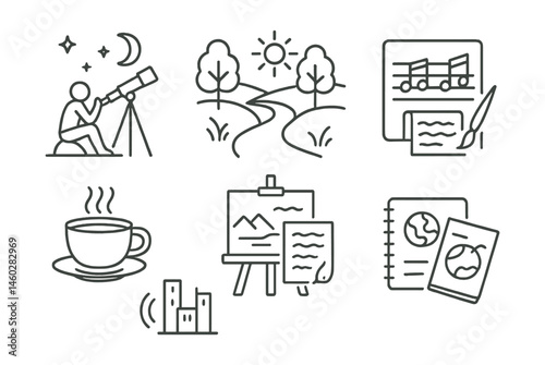 Line style icons of poetic inspiration sources: stargazing icon, nature path sketch, music notes page, painting and poem pair, silent morning cup, old photograph frame, city sounds symbol, travel