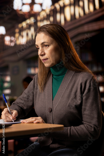 Obraz na płótnie Adult woman studies alone in a library and transcribing a lecture, concentrating on paperwork and showing her commitment to researching. Pupil preparing for her college thesis. w salonie