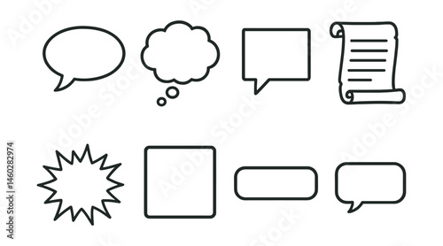 Line style icons of speech and narrative tools: speech bubble tail, thought bubble icon, caption box tag, narration scroll, shouting FX shape, silent panel frame, voice-over bar, whispered line dots.