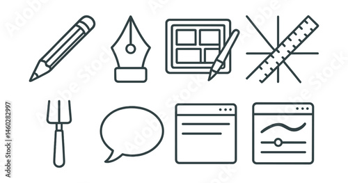 Line style icons of tools for comic creation: sketch pencil icon, ink pen nib, digital comic tablet, ruler and perspective lines, panel divider tool, bubble brush, dialogue editor window, brush