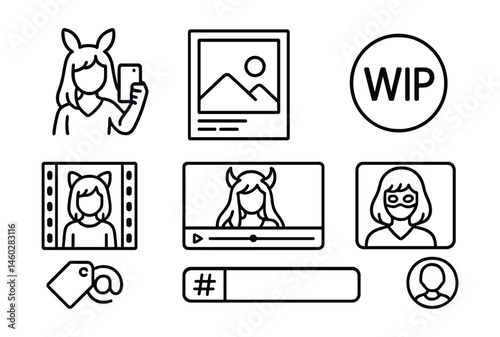 Line style icons of cosplay social media sharing: selfie in costume icon, progress post frame, “WIP” badge, “costest” photo strip, final reveal screen, tag and credit icon, fandom hashtag bar,