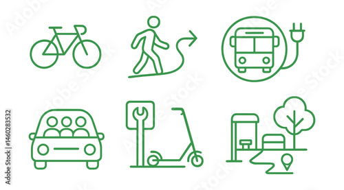 Line style icons of green transportation: bicycle icon, student walking path, shared ride symbol, public transport badge, electric scooter with plug, bike repair station, bus stop with tree,