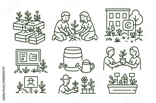 Line style icons of community greening spaces: shared garden beds, neighbors planting together, eco sign in courtyard, garden notice board, water-sharing barrel, community plant swap, student garden