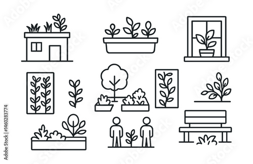 Line style icons of urban greening basics: rooftop garden icon, balcony planter box, potted plant on windowsill, climbing vine on wall, vertical garden panel, sidewalk tree planter, shared courtyard
