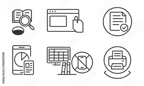 Line style icons of student-friendly tech use: “research not rabbit hole” icon, class screen focus tag, homework without scroll badge, digital study planner, app for time block, no phone in study