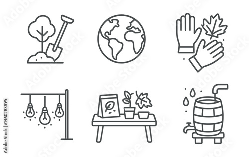 Line style icons of seasonal eco events: tree planting day icon, Earth Day circle, spring clean-up gloves, fall leaf compost bin, winter light walk, seed swap table, zero-waste picnic layout, rain