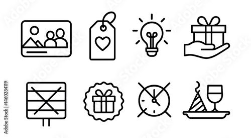 Line style icons of value-based gifting: shared experience card, homemade gift tag, non-material present symbol, useful and thoughtful icon, no-excess gift board, wrap with care badge, give time not