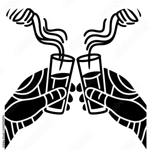 Two stylized hands clinking glasses with steam rising, black and white vector illustration.