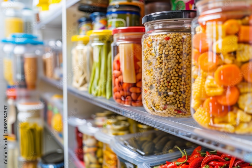 Organized pantry filled with food supplies and storage containers Organized pantry filled with food supplies and storage containers