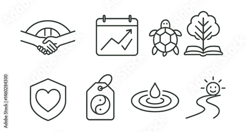 Line style icons of hope and sustainability in teaching: “you’re not alone” bridge, next year with ease plan, “slow down to stay” icon, longevity in teaching tree, passion preservation badge, balance