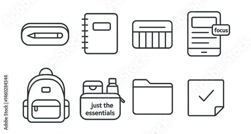 Line style icons of simplified student tools: one-pen pencil case, reusable notebook icon, weekly planner card, digital notes with focus tag, tidy backpack layout, “just the essentials” kit, zero