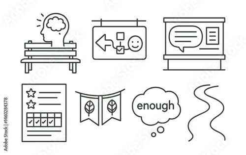 Line style icons of mental clarity in school space: clear mind zone bench, “less to process” sign, no overload week calendar, one-topic hallway display, fewer better messages poster, “enough is