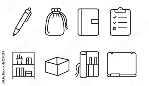 Line style icons of minimalist school supplies: refillable pen icon, cloth pouch bag, single notebook for all, simplified planner card, used materials shelf, no extras box, basic tool roll, clean