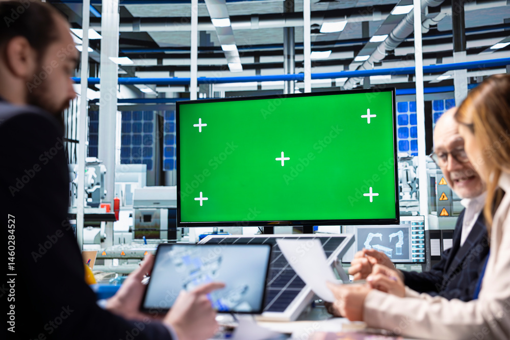 Photovoltaics factory engineers using green screen monitor to improve solar panels efficiency. Solar panels plant employees looking at mockup display, researching green energy solutions