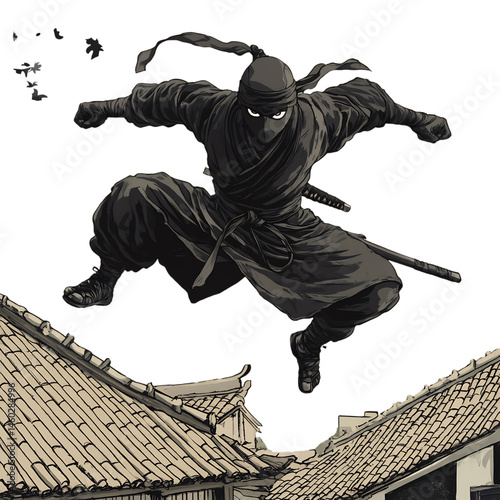 A Cartoon Ninja Leaping Over Rooftops Isolated on Transparent Background