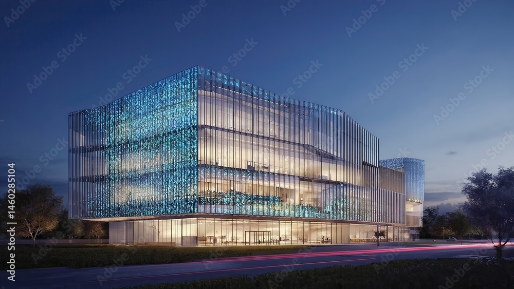 Obraz premium Modern architectural building featuring glass facade and digital design
