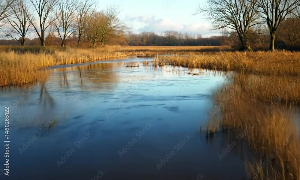 A tranquil river scene with golden grass and calm waters under a blue sky. A tranquil river scene with golden grass and calm waters under a blue sky.