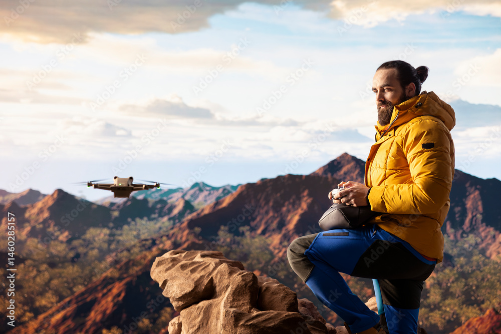 Content creator enjoying the fresh air and filming with his drone, recording professional video on mountain range valley aerial view. Influencer filming his latest travel vlog.