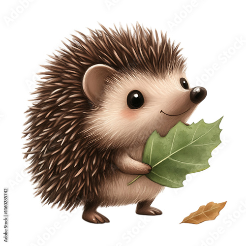 Cartoon Hedgehog Carrying a Leaf Isolated on Transparent Background