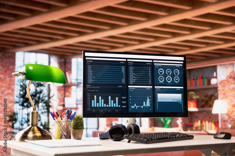 Financial software UI on PC screen on apartment office desk showing revenue and expenses. Accounting annual review on computer monitor in bright cozy living room showing profits