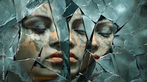 Shattered reflection of a serene face through fractured glass.