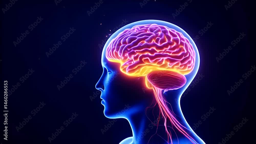 Head Silhouette with Glowing Brain Illustration in Blue and Orange Tones on a Dark Background Showing Cognitive Function, Nerves, and Veins Head Silhouette with Glowing Brain Illustration in Blue and Orange Tones on a Dark Background Showing Cognitive Function, Nerves, and Veins
