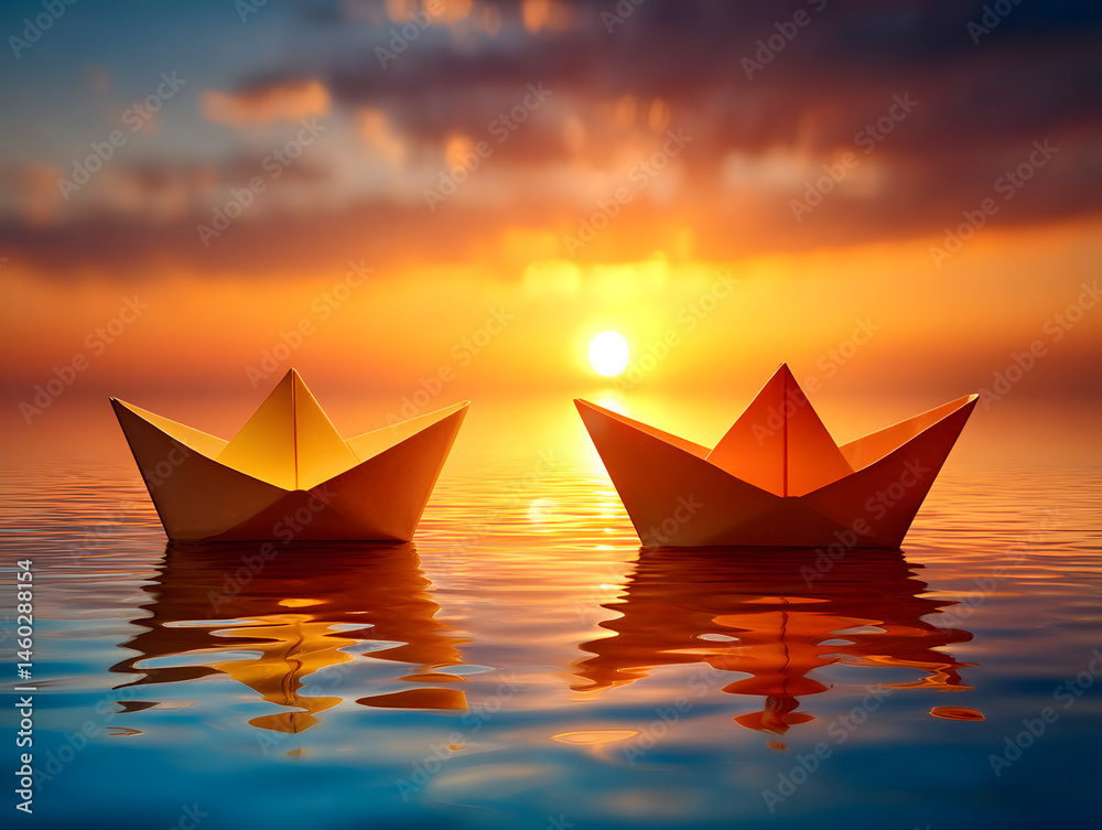 Fototapeta premium Two paper boats floating towards each other