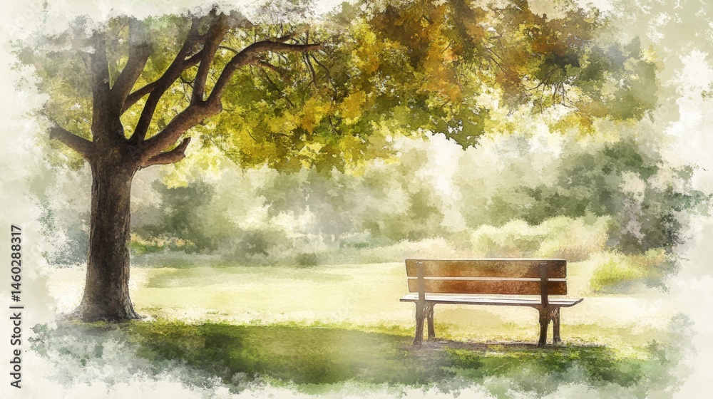 Peaceful park scene under a large tree. Peaceful park scene under a large tree.