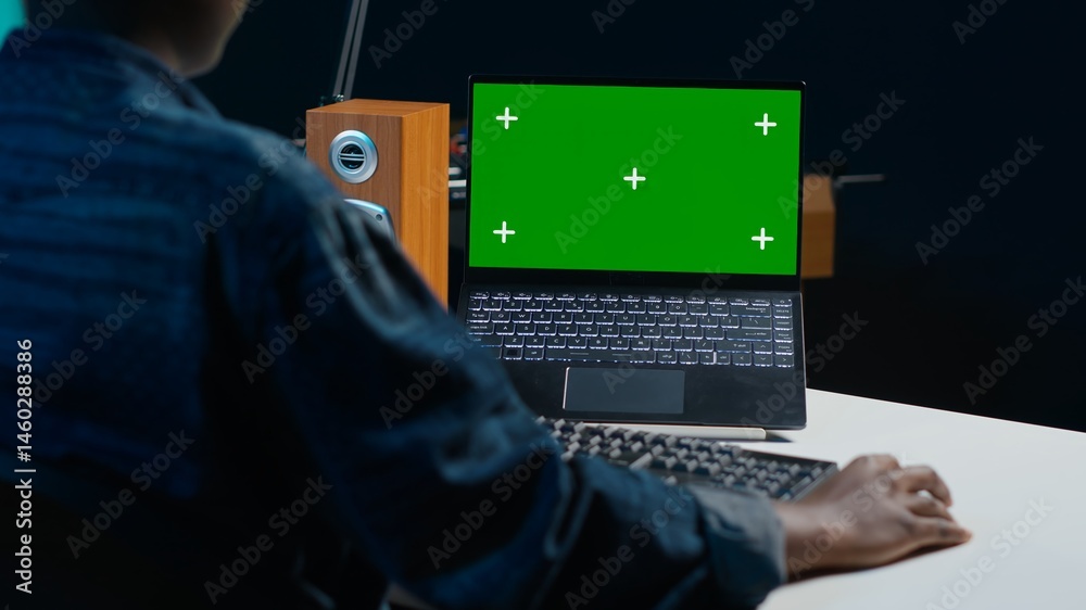 Teleworker in apartment office using mockup laptop to analyze sales report and plan business development. Woman working from home doing project research, typing on isolated screen notebook