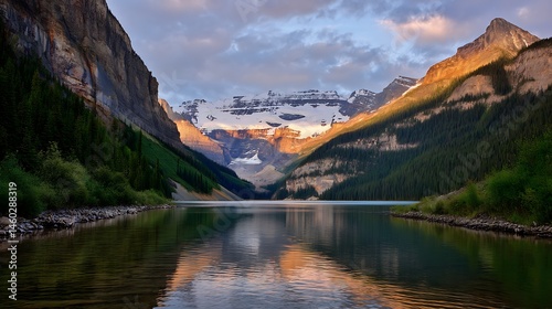 Majestic Mountain Scene at Lake with Reflections and Dramatic Clouds