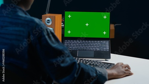 Obraz na płótnie Teleworker in apartment office using mockup laptop to analyze sales report and plan business development. Woman working from home doing project research, typing on isolated screen notebook w salonie