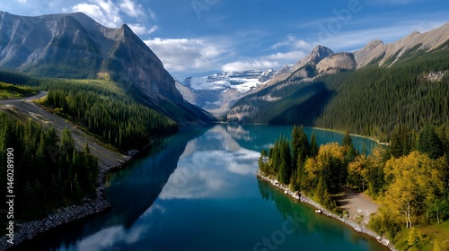 Majestic Mountain Landscape with Calm Lake and Lush Forests
