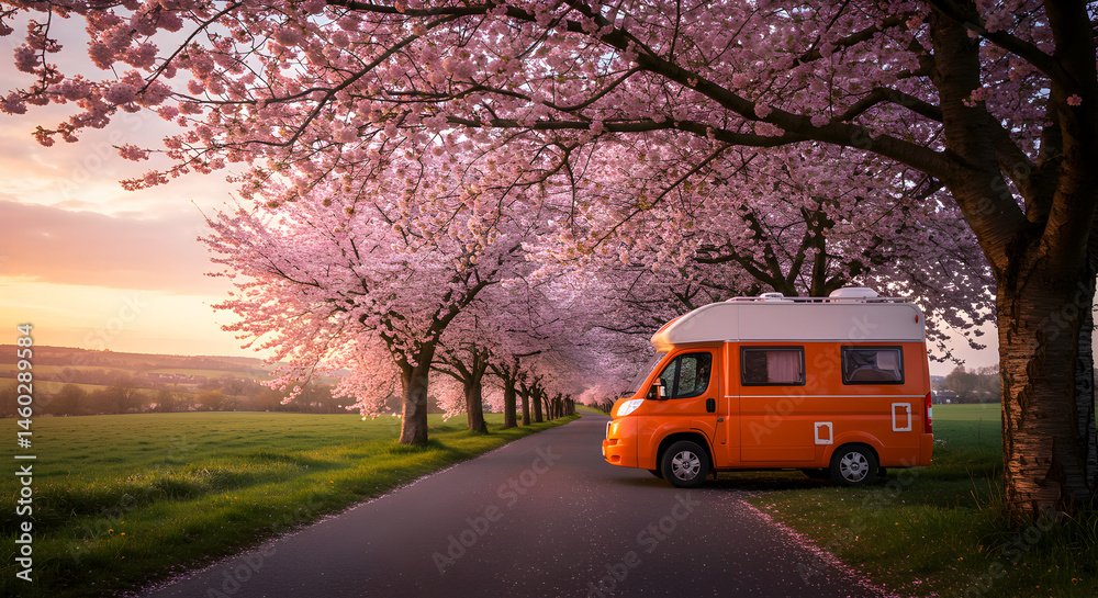 Fototapeta premium Scenic Springtime Road Trip Under Cherry Blossoms At Colorful Sunset