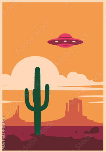 UFO Over Desert Landscape with Cactus at Sunset  