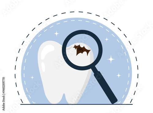 Tooth with magnifying glass. Dental examination. Checking hygiene and cleanliness of oral cavity. Study of microbes and viruses. Medical poster or banner for website. Cartoon flat vector illustration