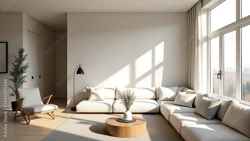 Fototapeta premium Minimalist living room with sunlight, comfortable sofa and modern chair