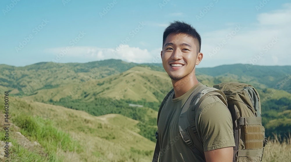 Naklejka premium Smiling Asian male hiker with a backpack enjoys a scenic mountain view, representing adventure and exploration.