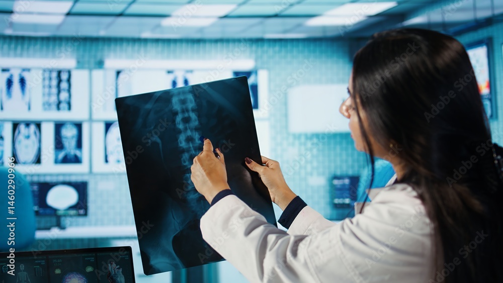 Indian female specialist explains diagnosis through test findings with a young man in medical cabinet, doing scan interpretation at appointment with patient. Healthcare services. Camera B.