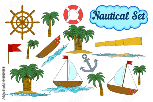 Nautical set with sailboats, boats, anchor, lifebuoy, ship wheel, spyglass, sea waves, coconut palms, and red flag on a white background. For summertime, marine, vacations, tropical, outdoor design.