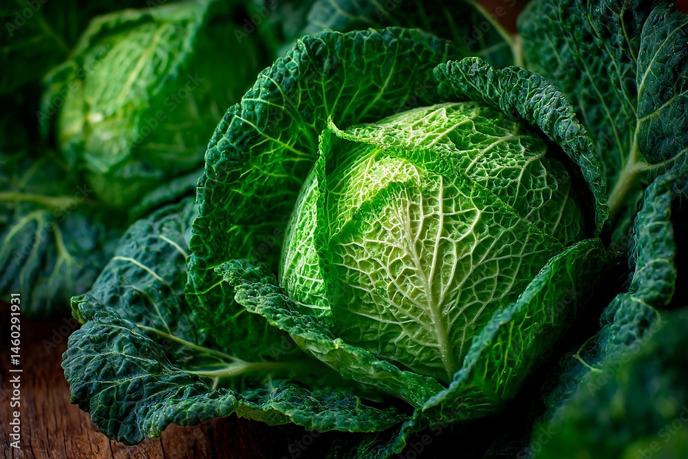 Fototapeta premium Fresh green cabbage displays intricate leafy textures at a local farmer's market. The early morning sunlight highlights the vibrant colors, creating a beautiful natural setting